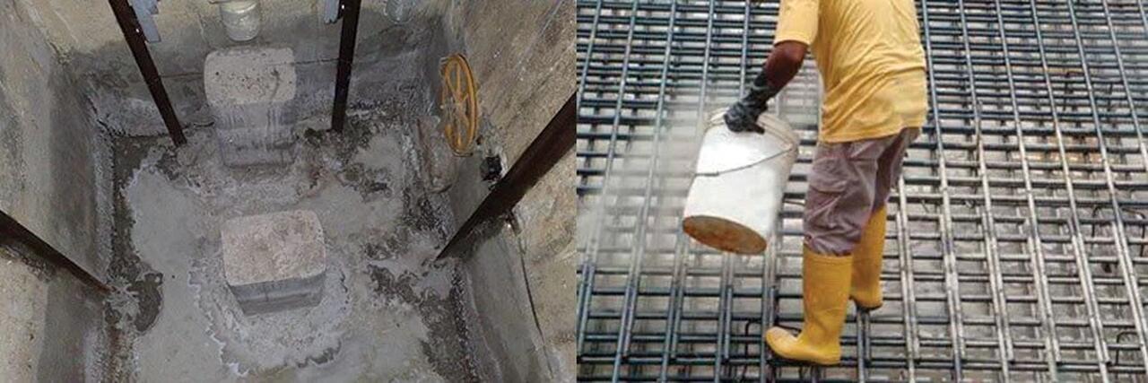 Workers pouring crystalline waterproofing material